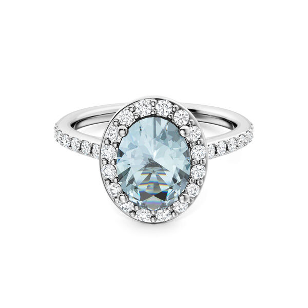 Oval-Cut Aquamarine Ring with Halo and Pav&eacute; Band